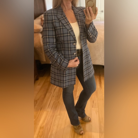 Escada Vintage 1980’s Blue Plaid Blazer Double E Logo Buttons, Size 36 - Picture 14 of 15